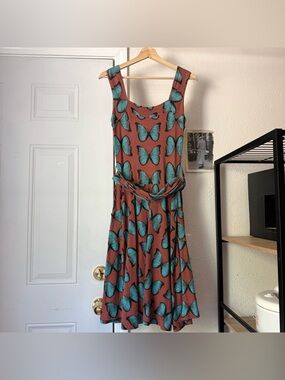 EFFIE’S HEART rust teal butterfly cotton knit square belted midi dress